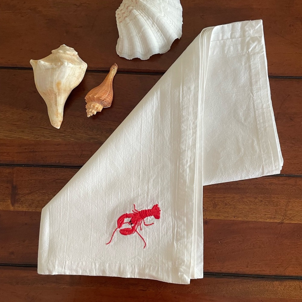 Set/4 Cotton Square White Napkins Embroidered Red Lobster